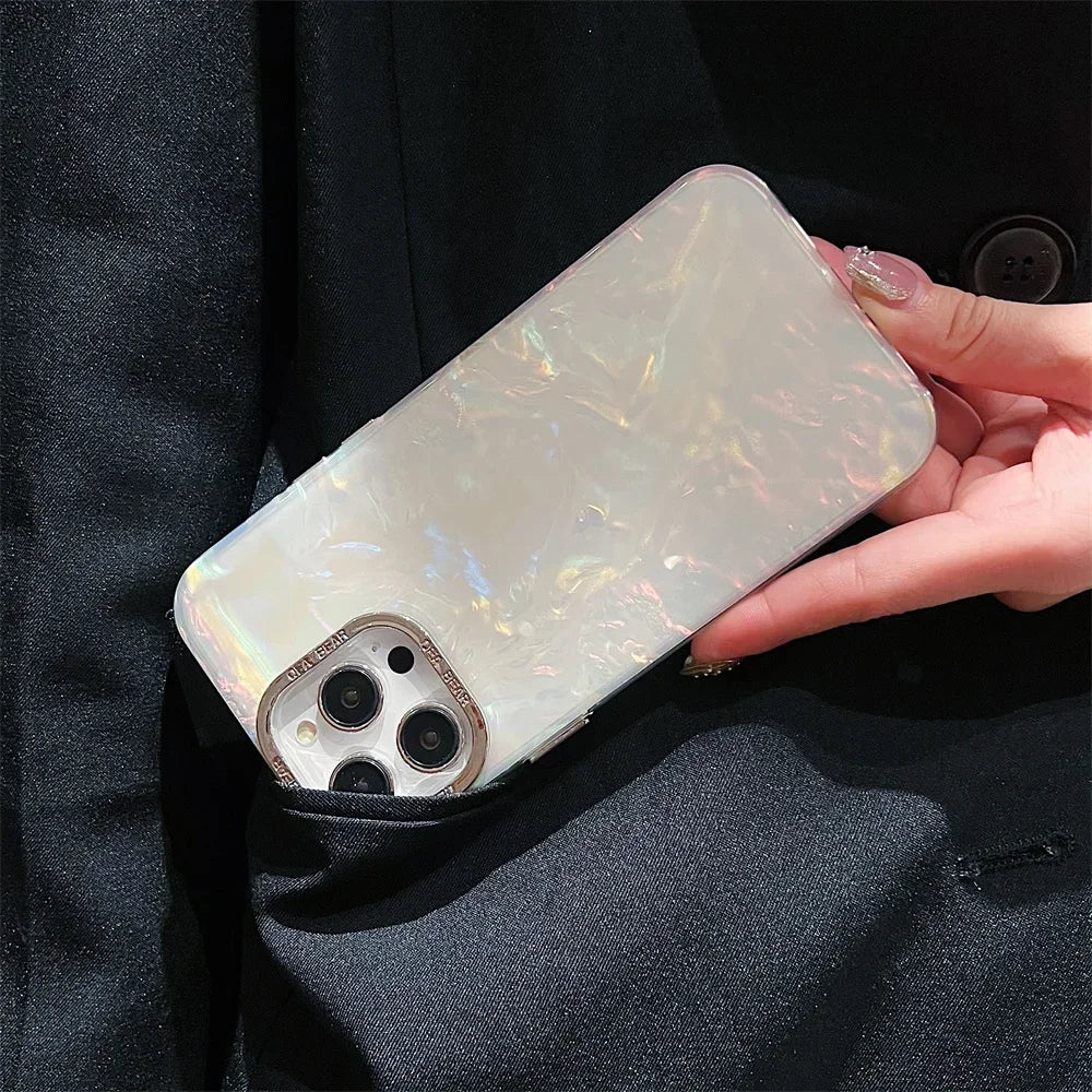 Luxury Shell Laser Case for iPhone 11-16 Pro - Plating Aurora Cover Hard Shockproof Cover - iPhone 16 Pro - Laser Engraved Case - Holographic Case Design - Glitter Case