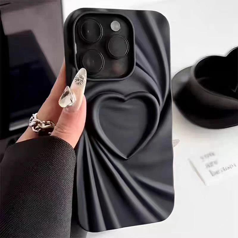 Fashion Fold Wrinkle 3D Love Heart Phone Case for iPhone 11-16 Pro Max - Soft Matte Silicone Full Cover - Trendy iPhone Case