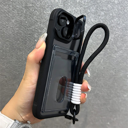 Acrylic Card Holder Clear Phone Case for iPhone 11-16 Pro Max Hand Strap Camera Stand Bracket Shockproof Cover - Phone Case Charm - Phone Case Hand Strap