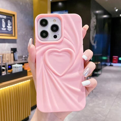 Fashion Fold Wrinkle 3D Love Heart Phone Case for iPhone 11-16 Pro Max - Soft Matte Silicone Full Cover - Trendy iPhone Case