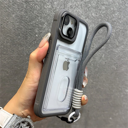 Acrylic Card Holder Clear Phone Case for iPhone 11-16 Pro Max Hand Strap Camera Stand Bracket Shockproof Cover - Phone Case Charm - Phone Case Hand Strap