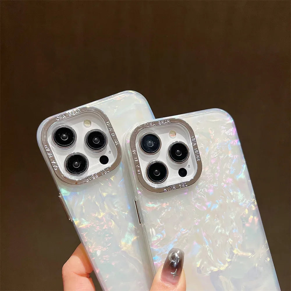 Luxury Shell Laser Case for iPhone 11-16 Pro - Plating Aurora Cover Hard Shockproof Cover - iPhone 16 Pro - Laser Engraved Case - Holographic Case Design - Glitter Case