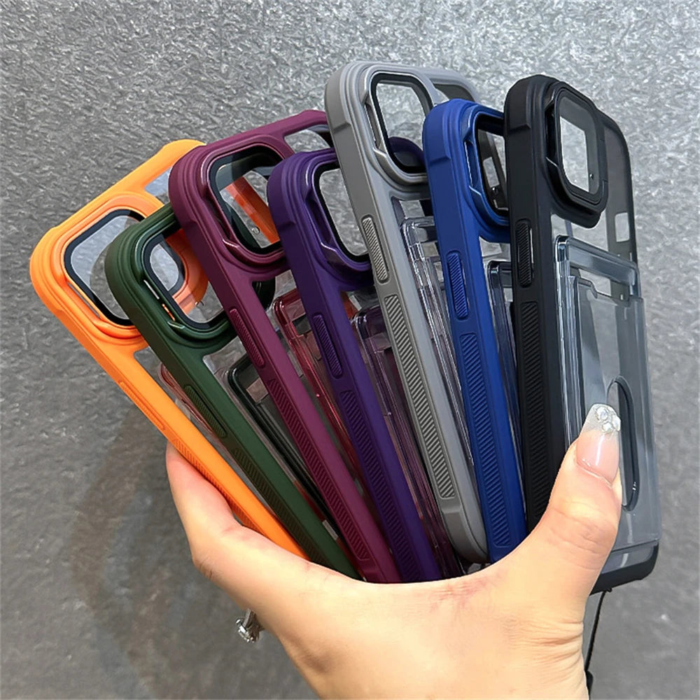 Acrylic Card Holder Clear Phone Case for iPhone 11-16 Pro Max Hand Strap Camera Stand Bracket Shockproof Cover - Phone Case Charm - Phone Case Hand Strap