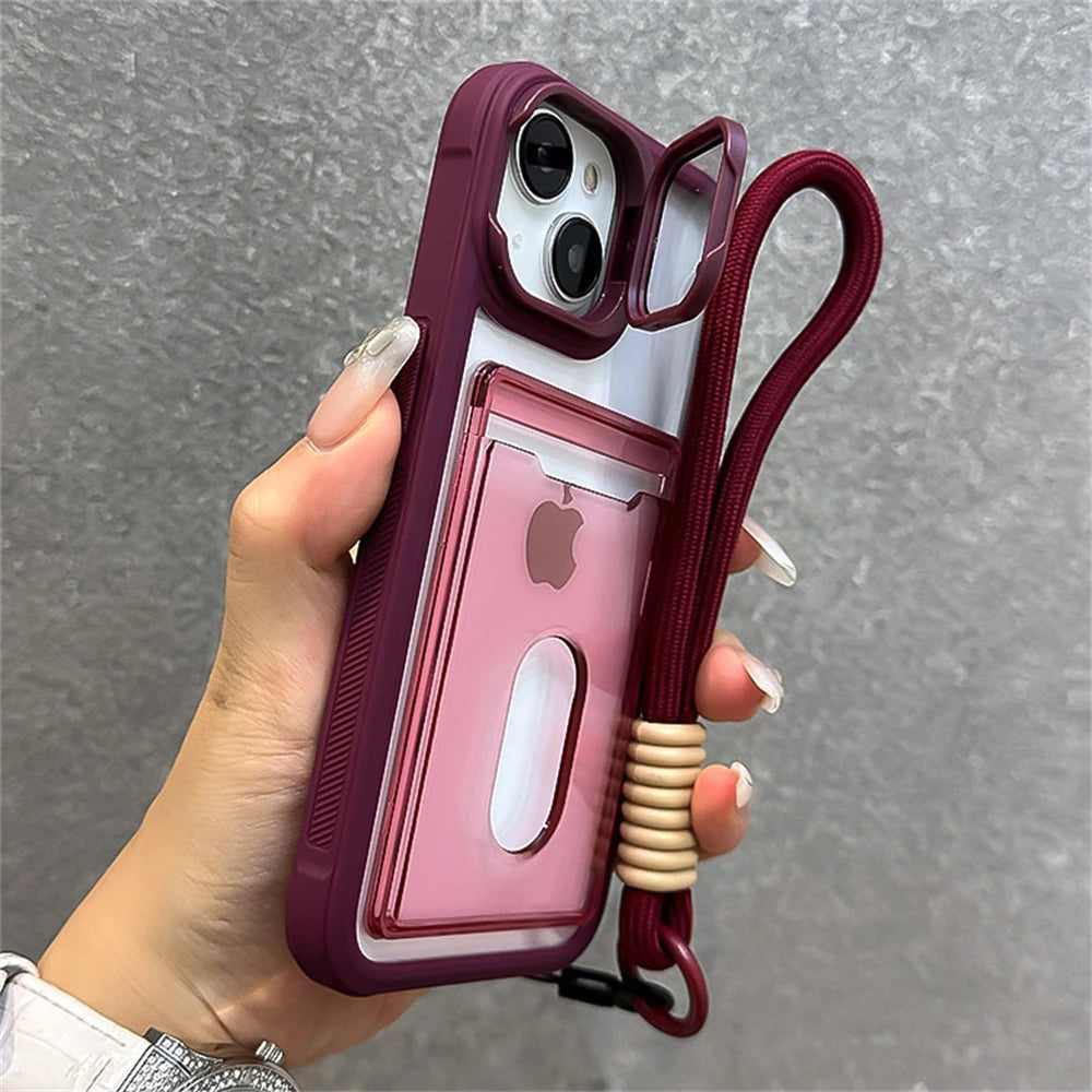 Acrylic Card Holder Clear Phone Case for iPhone 11-16 Pro Max Hand Strap Camera Stand Bracket Shockproof Cover - Phone Case Charm - Phone Case Hand Strap