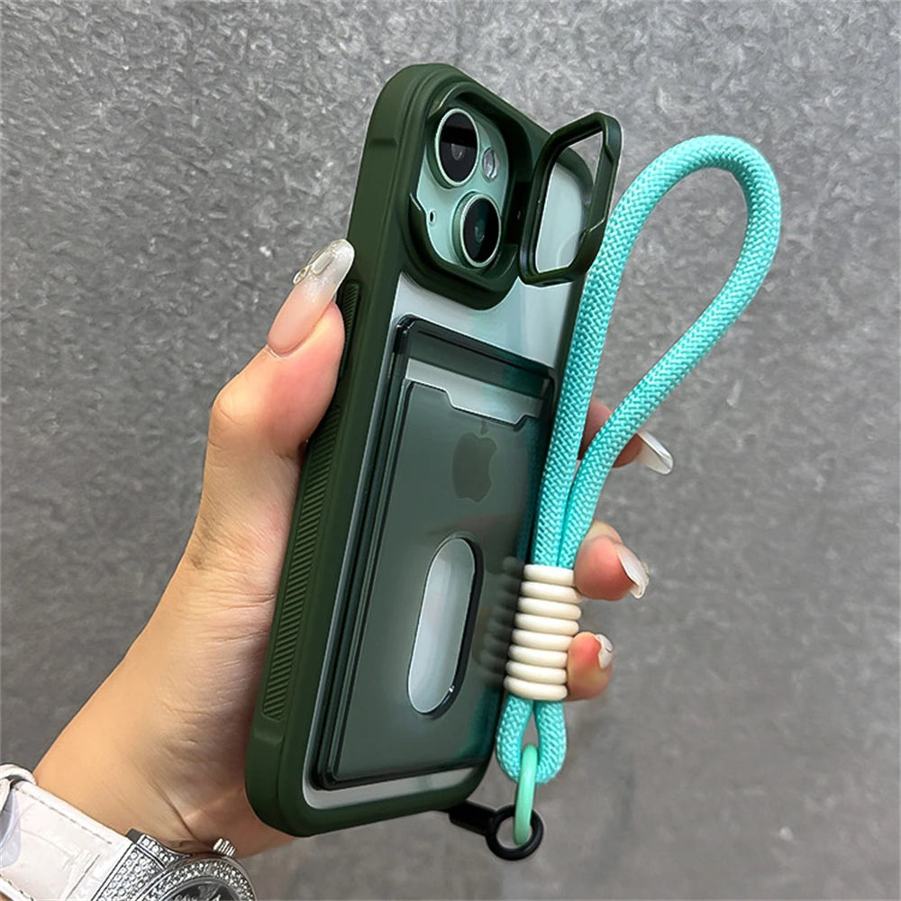 Acrylic Card Holder Clear Phone Case for iPhone 11-16 Pro Max Hand Strap Camera Stand Bracket Shockproof Cover - Phone Case Charm - Phone Case Hand Strap