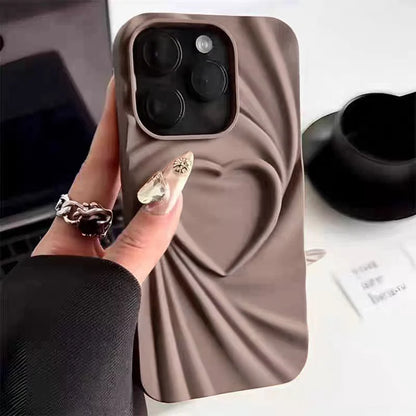 Fashion Fold Wrinkle 3D Love Heart Phone Case for iPhone 11-16 Pro Max - Soft Matte Silicone Full Cover - Trendy iPhone Case