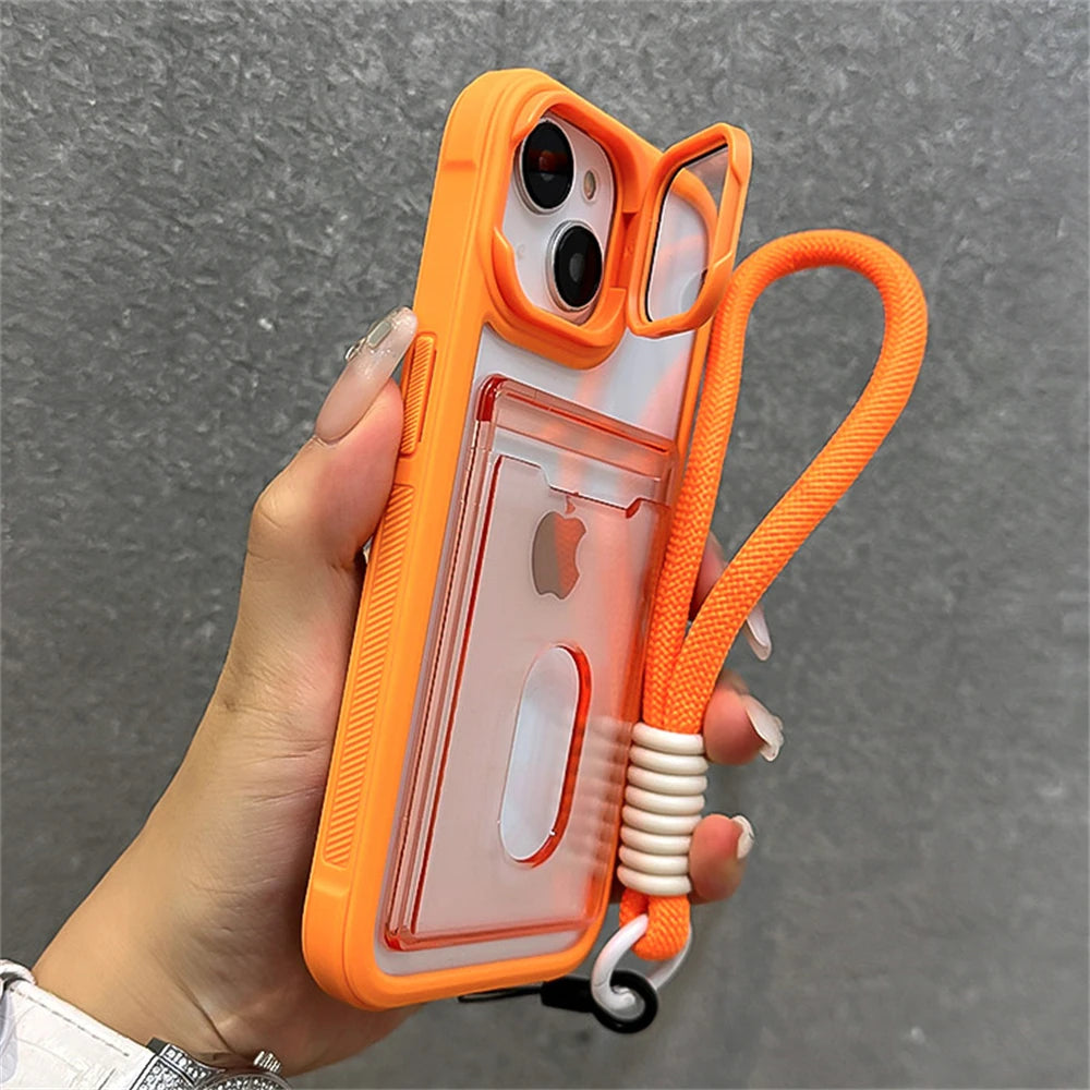 Acrylic Card Holder Clear Phone Case for iPhone 11-16 Pro Max Hand Strap Camera Stand Bracket Shockproof Cover - Phone Case Charm - Phone Case Hand Strap