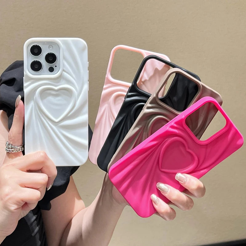 Fashion Fold Wrinkle 3D Love Heart Phone Case for iPhone 11-16 Pro Max - Soft Matte Silicone Full Cover - Trendy iPhone Case