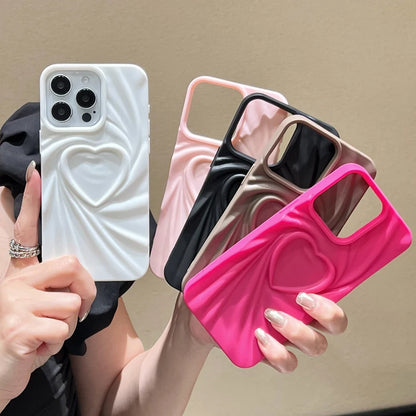 Fashion Fold Wrinkle 3D Love Heart Phone Case for iPhone 11-16 Pro Max - Soft Matte Silicone Full Cover - Trendy iPhone Case