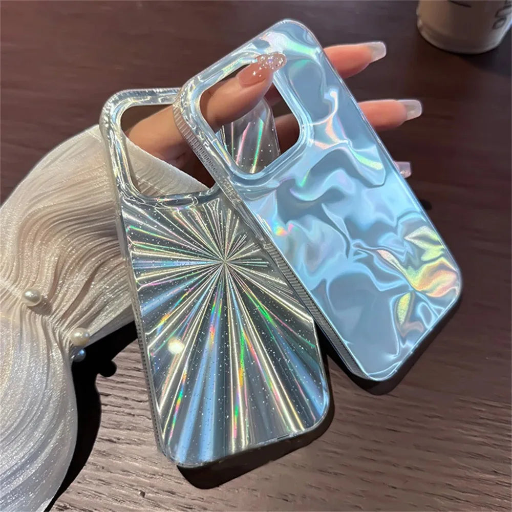 "Stunning Luxury Laser Glitter Rainbow Water Ripple Phone Case for iPhone 16 Pro Max & 15/14/13/12/11 Pro Max - Fashionable Shockproof Protection!"