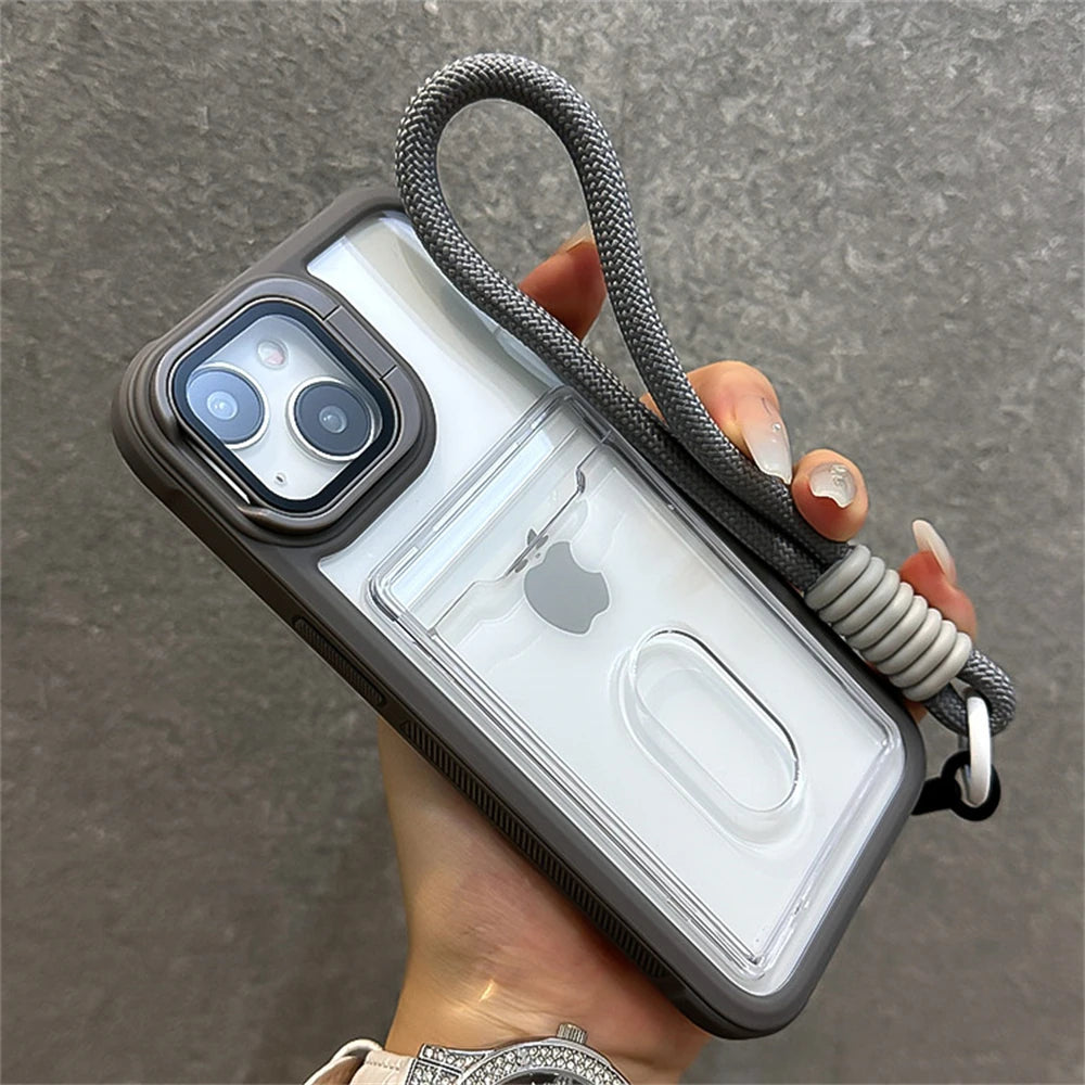 Acrylic Card Holder Clear Phone Case for iPhone 11-16 Pro Max Hand Strap Camera Stand Bracket Shockproof Cover - Phone Case Charm - Phone Case Hand Strap