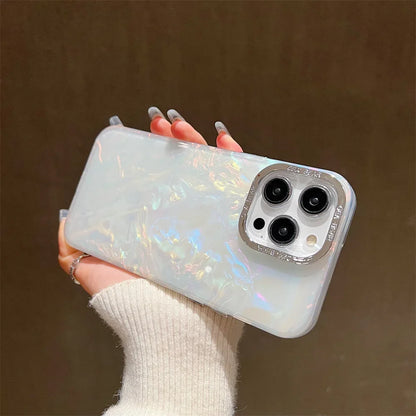 Luxury Shell Laser Case for iPhone 11-16 Pro - Plating Aurora Cover Hard Shockproof Cover - iPhone 16 Pro - Laser Engraved Case - Holographic Case Design - Glitter Case