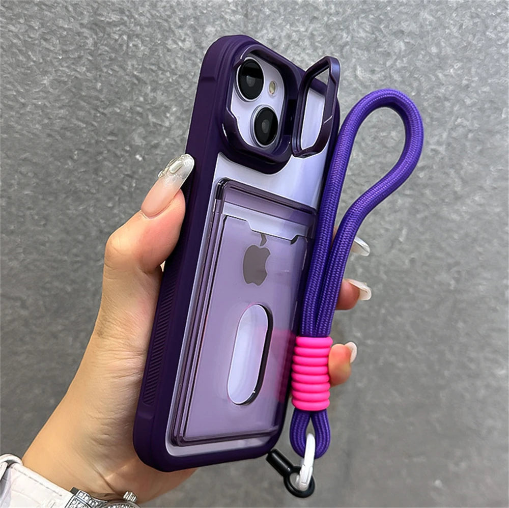 Acrylic Card Holder Clear Phone Case for iPhone 11-16 Pro Max Hand Strap Camera Stand Bracket Shockproof Cover - Phone Case Charm - Phone Case Hand Strap