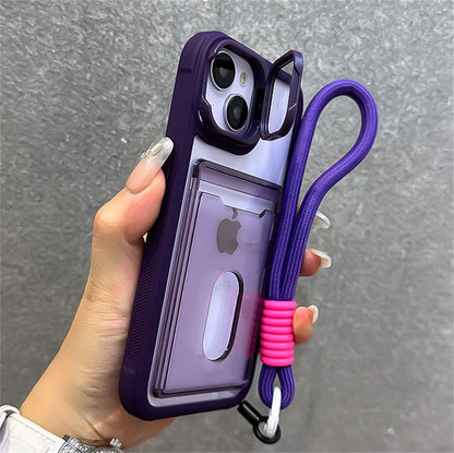 Acrylic Card Holder Clear Phone Case for iPhone 11-16 Pro Max Hand Strap Camera Stand Bracket Shockproof Cover - Phone Case Charm - Phone Case Hand Strap