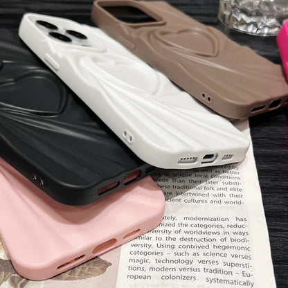 Fashion Fold Wrinkle 3D Love Heart Phone Case for iPhone 11-16 Pro Max - Soft Matte Silicone Full Cover - Trendy iPhone Case