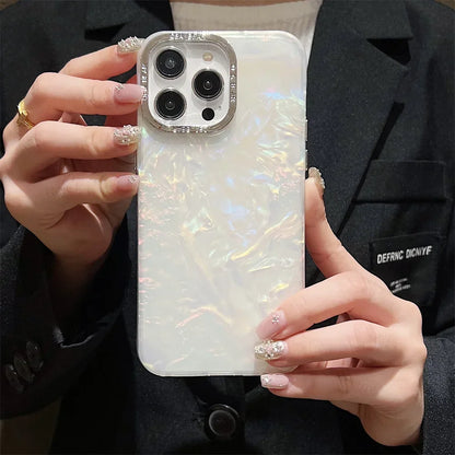 Luxury Shell Laser Case for iPhone 11-16 Pro - Plating Aurora Cover Hard Shockproof Cover - iPhone 16 Pro - Laser Engraved Case - Holographic Case Design - Glitter Case