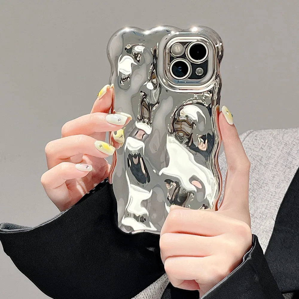 Wavy Chrome Silver Plating iPhone Case - Lens Protection