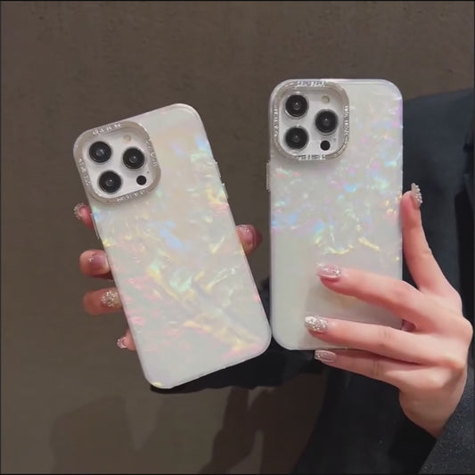 Luxury Shell Laser Case for iPhone 11-16 Pro - Plating Aurora Cover Hard Shockproof Cover - iPhone 16 Pro - Laser Engraved Case - Holographic Case Design - Glitter Case